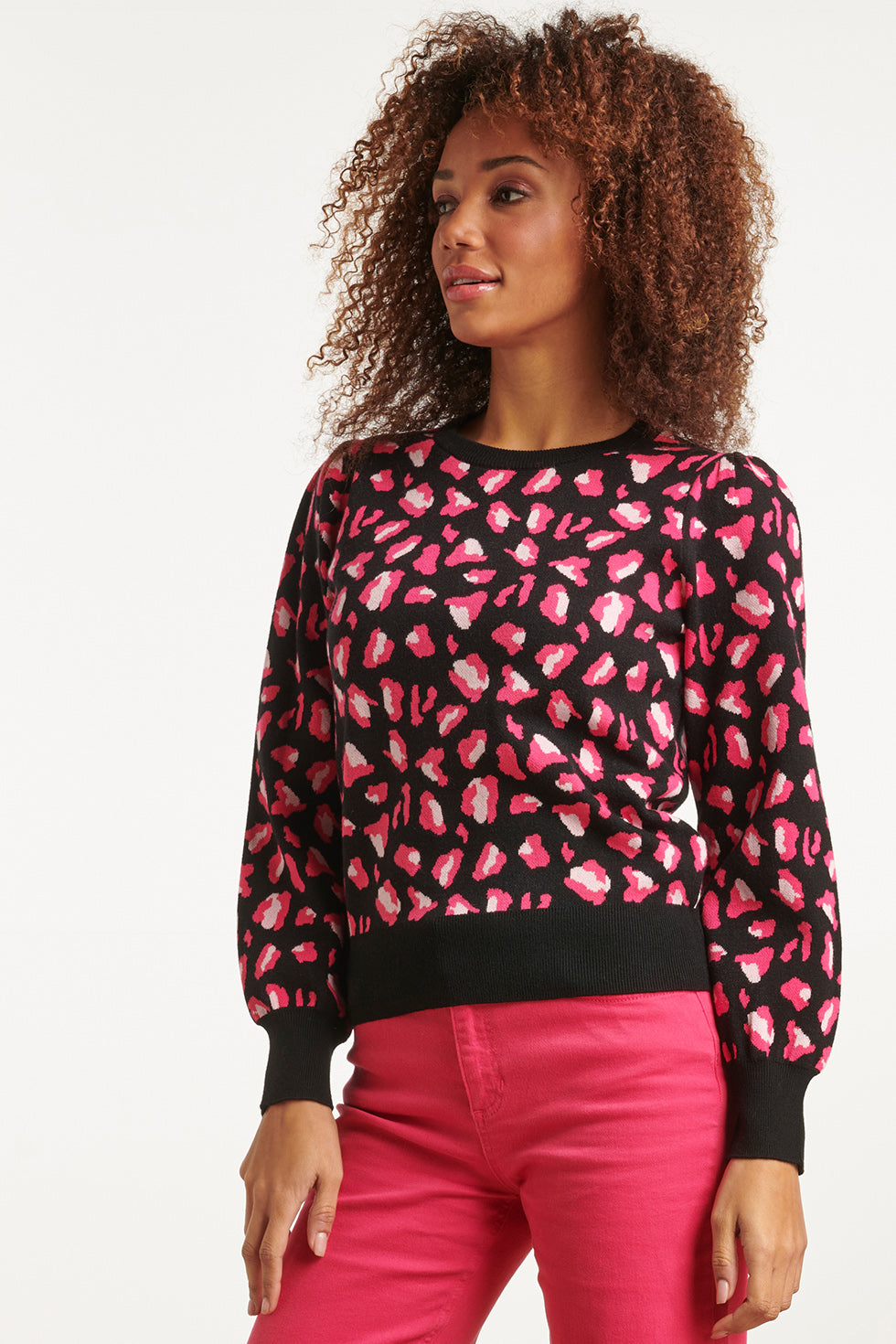 23598 Animal Print Gebreide Top Met Pofmouwen | Black - Fuchsia