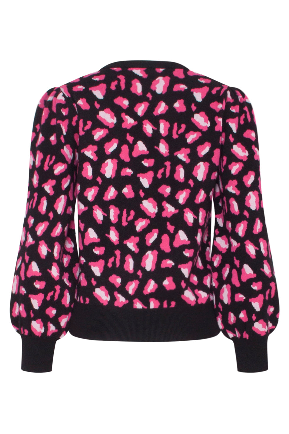23598 Animal Print Gebreide Top Met Pofmouwen | Black - Fuchsia