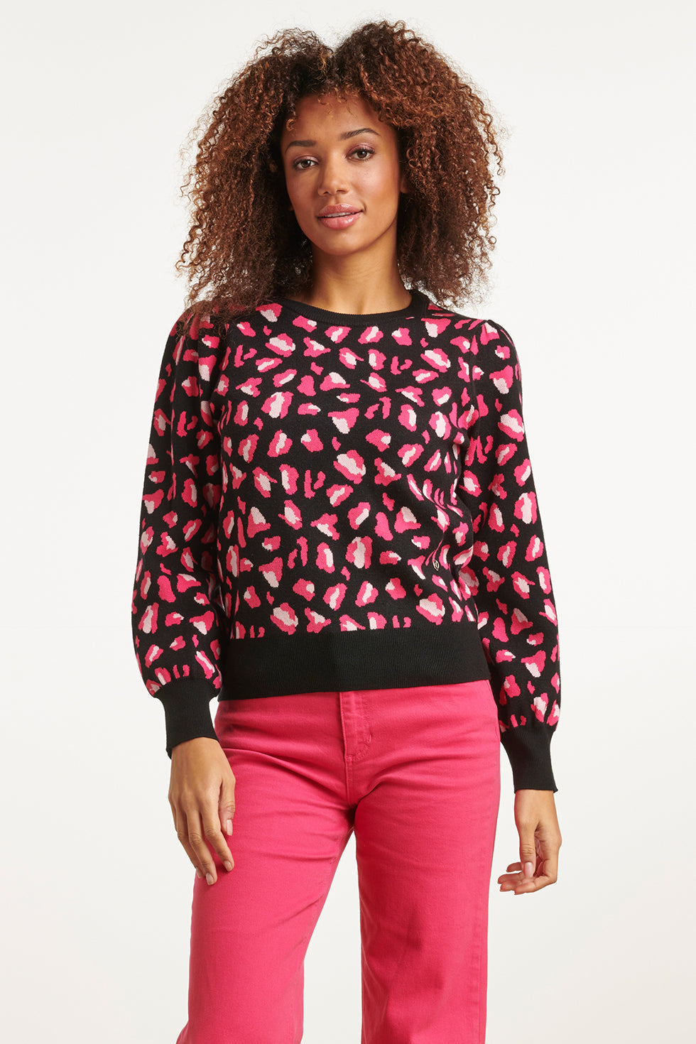 23598 Animal Print Gebreide Top Met Pofmouwen | Black - Fuchsia