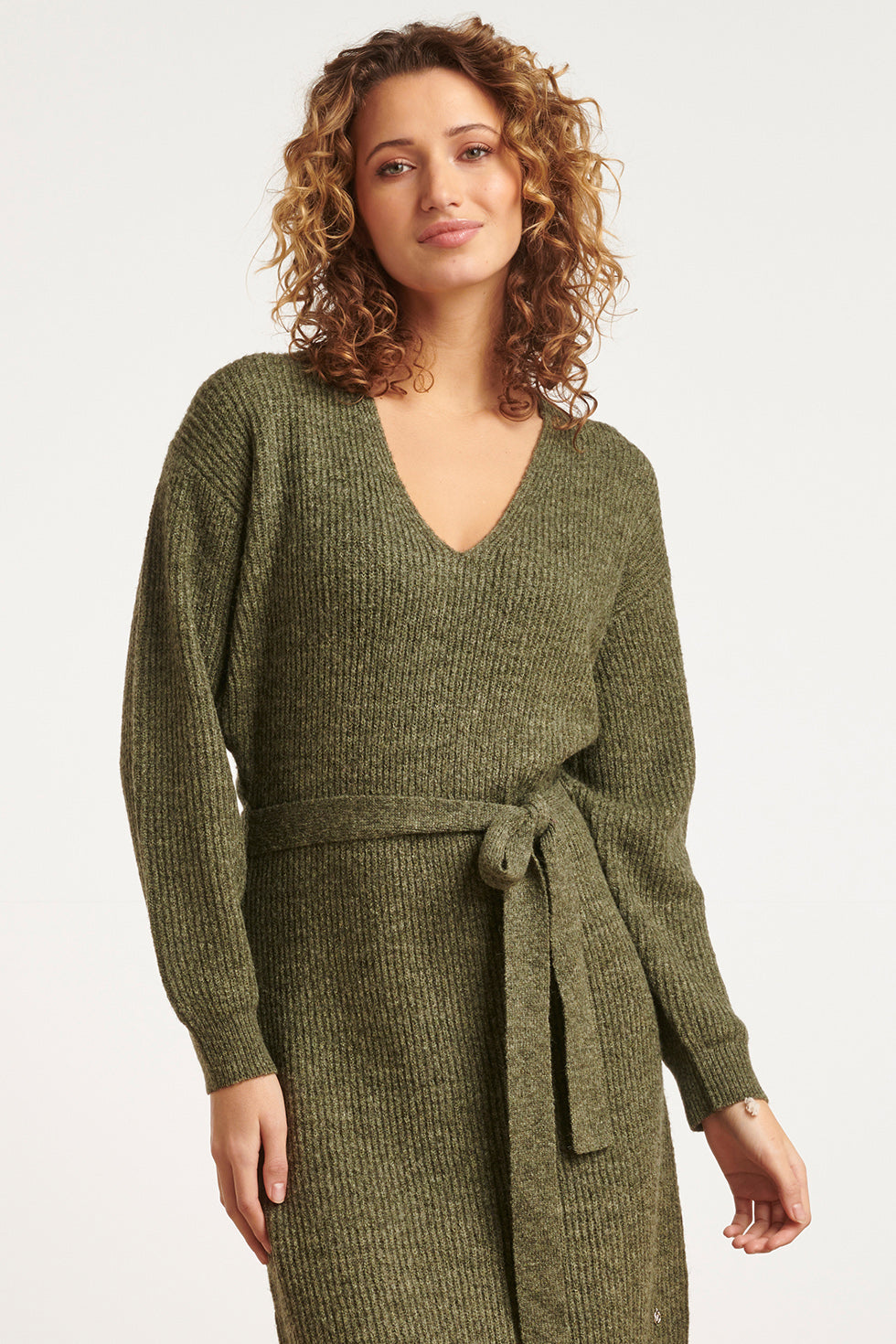 23605 Zachte V-Hals Gebreide Jurk | Army
