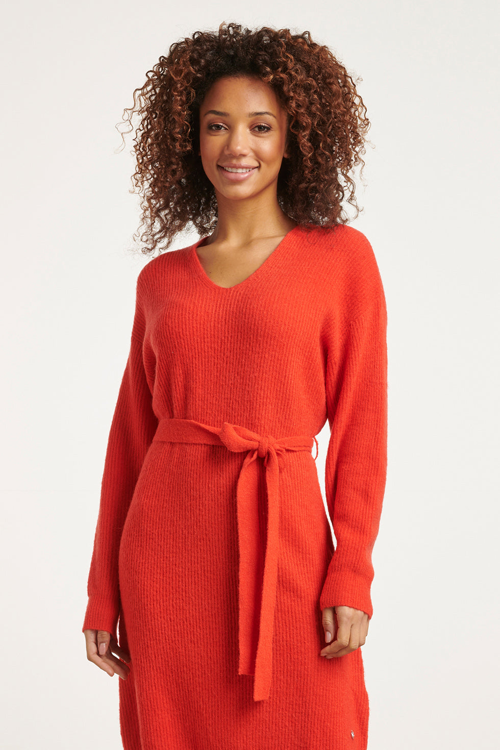 23605 Zachte V-Hals Gebreide Jurk | Red