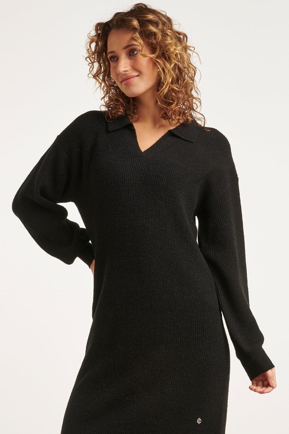 23606 Casual Gebreide Jurk Met Chique Kraag | Black
