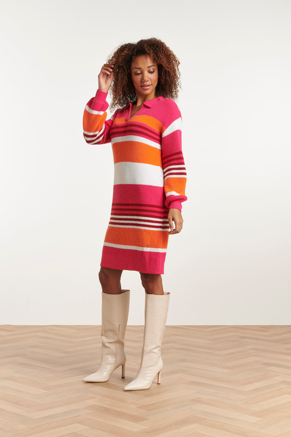 23607 Casual Gestreepte Gebreide Jurk Met Chique KraagZoete en | Fuchsia - Orange