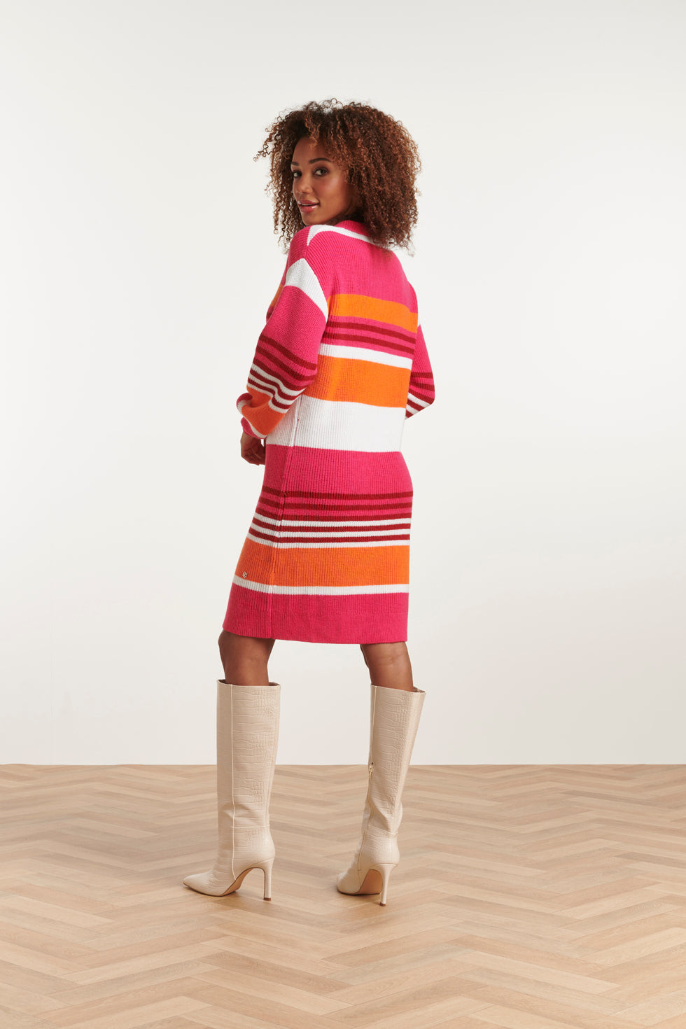 23607 Casual Gestreepte Gebreide Jurk Met Chique KraagZoete en | Fuchsia - Orange