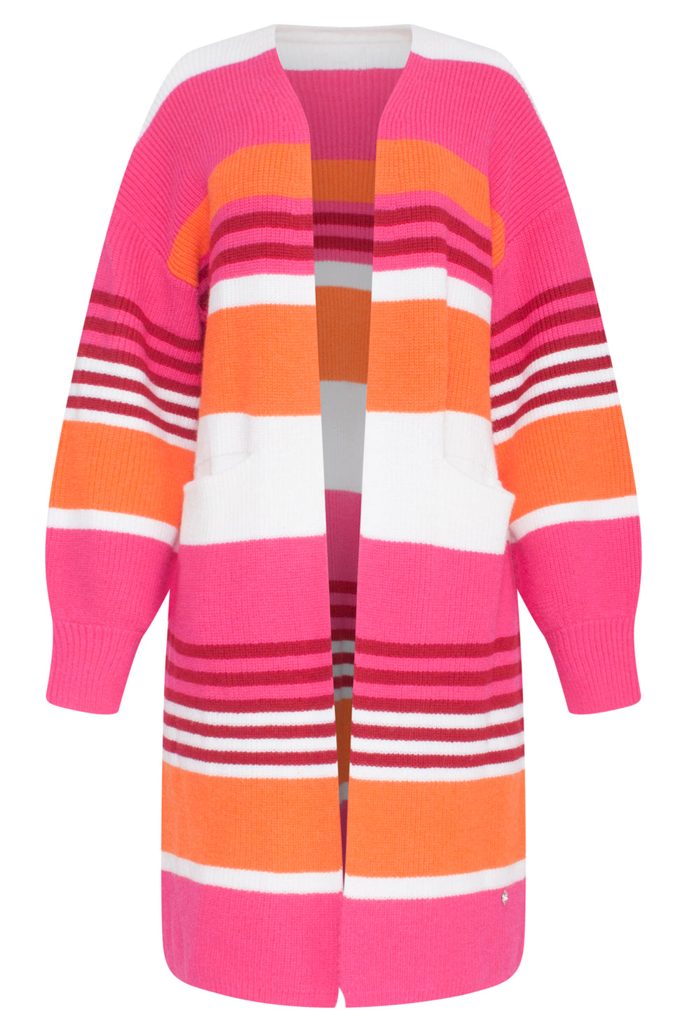 23611 Gestreepte Midi Gebreide Cardigan | Fuchsia - Orange