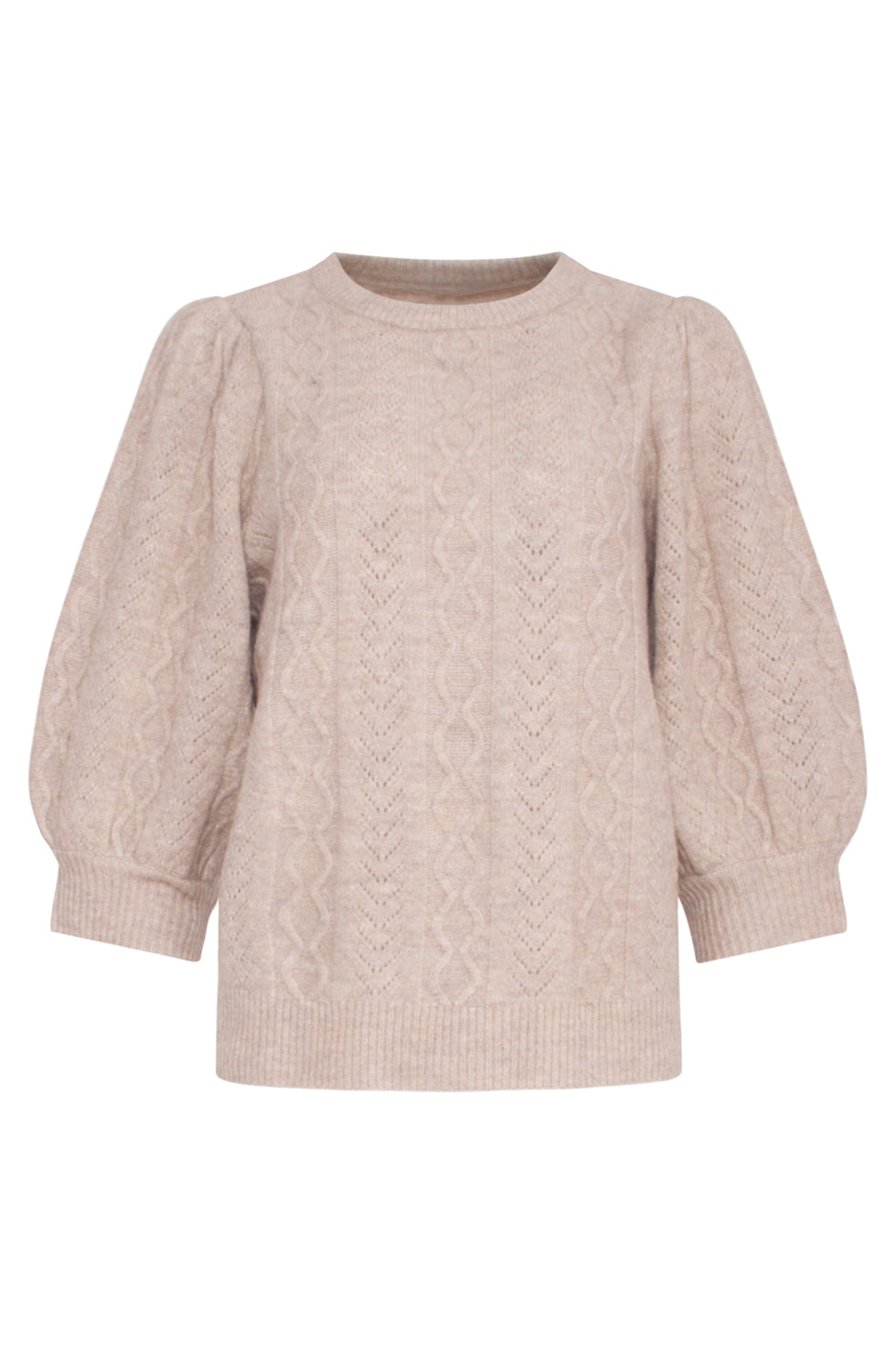 23612 Gestructureerde Gebreide Top Met Pofmouwen | Sand