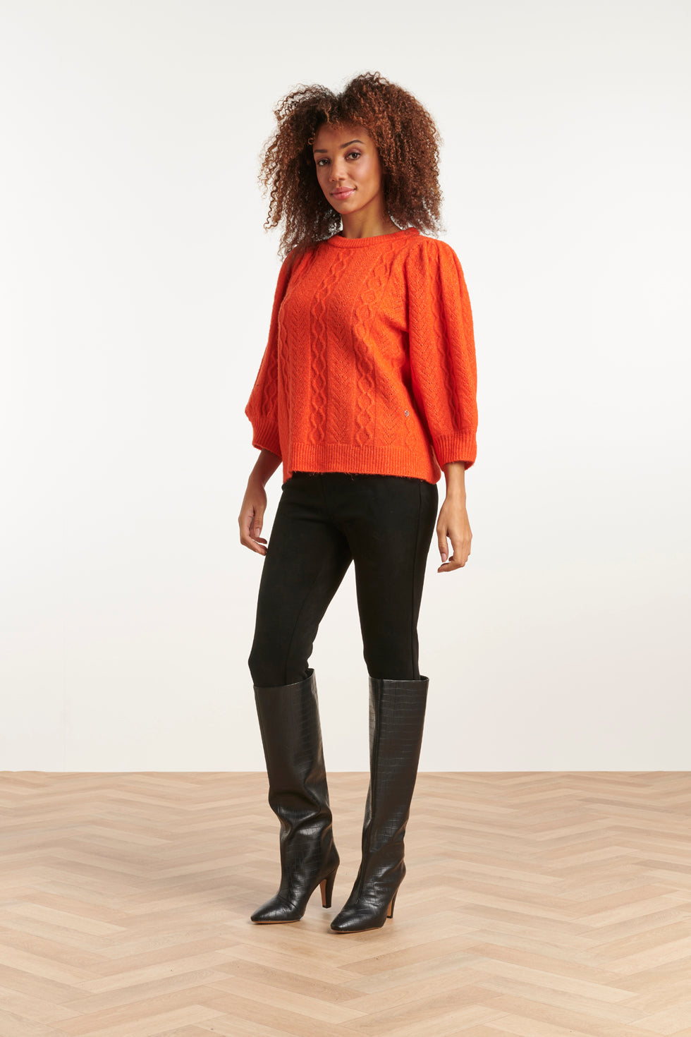 23612 Gestructureerde Gebreide Top Met Pofmouwenfel | Orange