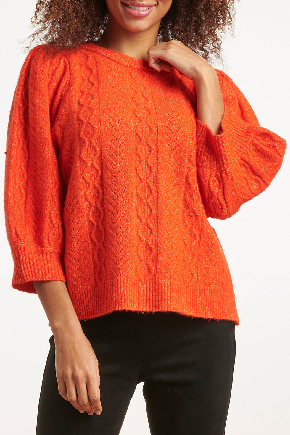 23612 Gestructureerde Gebreide Top Met Pofmouwenfel | Orange
