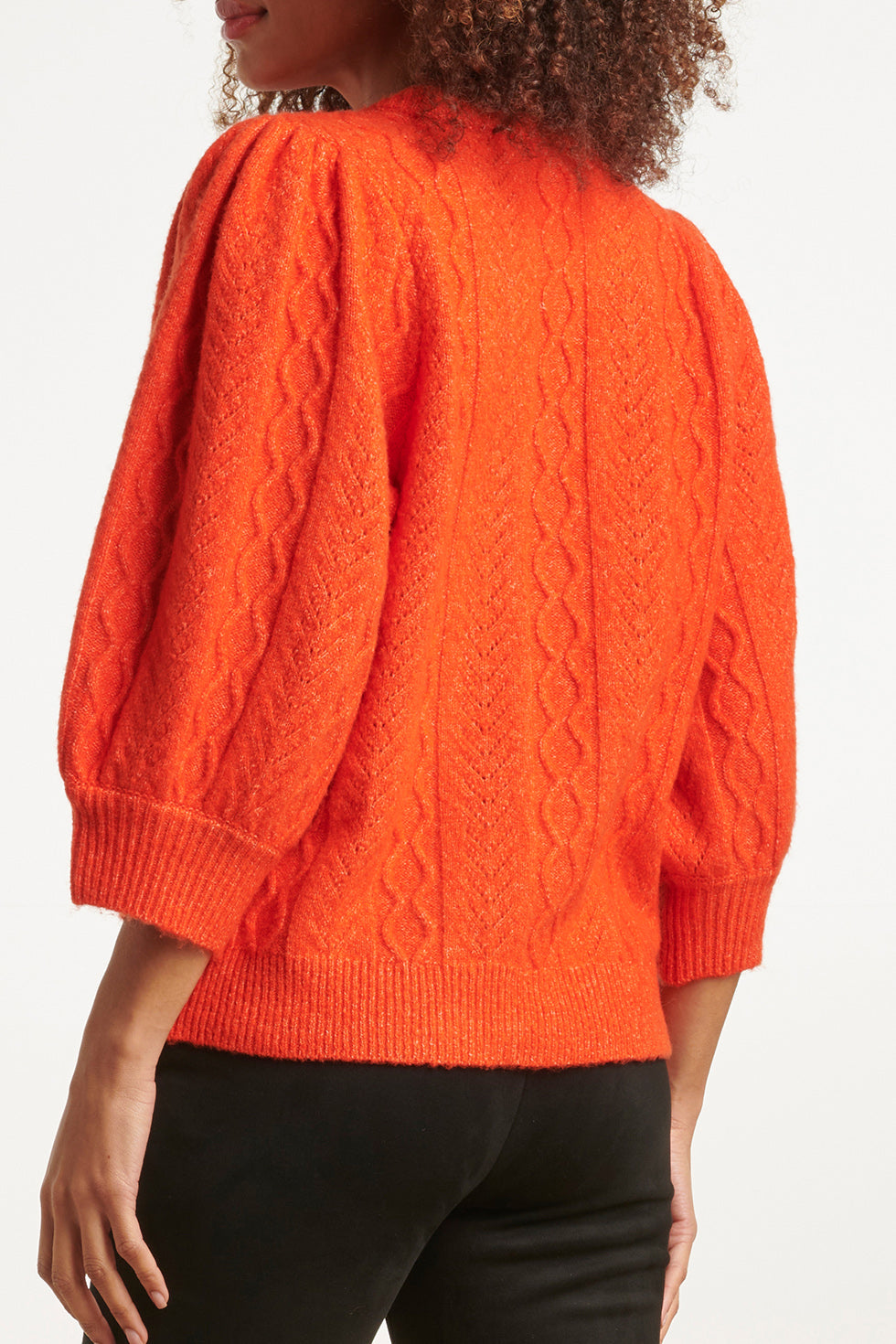 23612 Gestructureerde Gebreide Top Met Pofmouwenfel | Orange