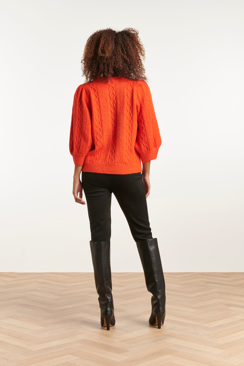 23612 Gestructureerde Gebreide Top Met Pofmouwenfel | Orange