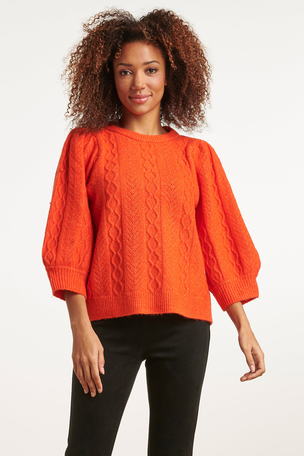 23612 Gestructureerde Gebreide Top Met Pofmouwenfel | Orange