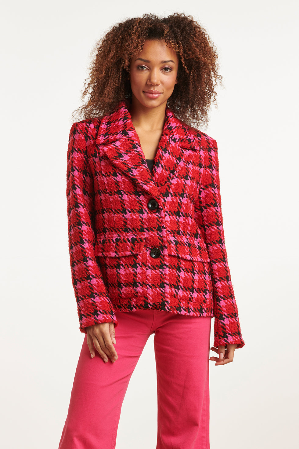 23626 Kort Damesjas Met Pied-De-Poule Print | Red - Muticolour
