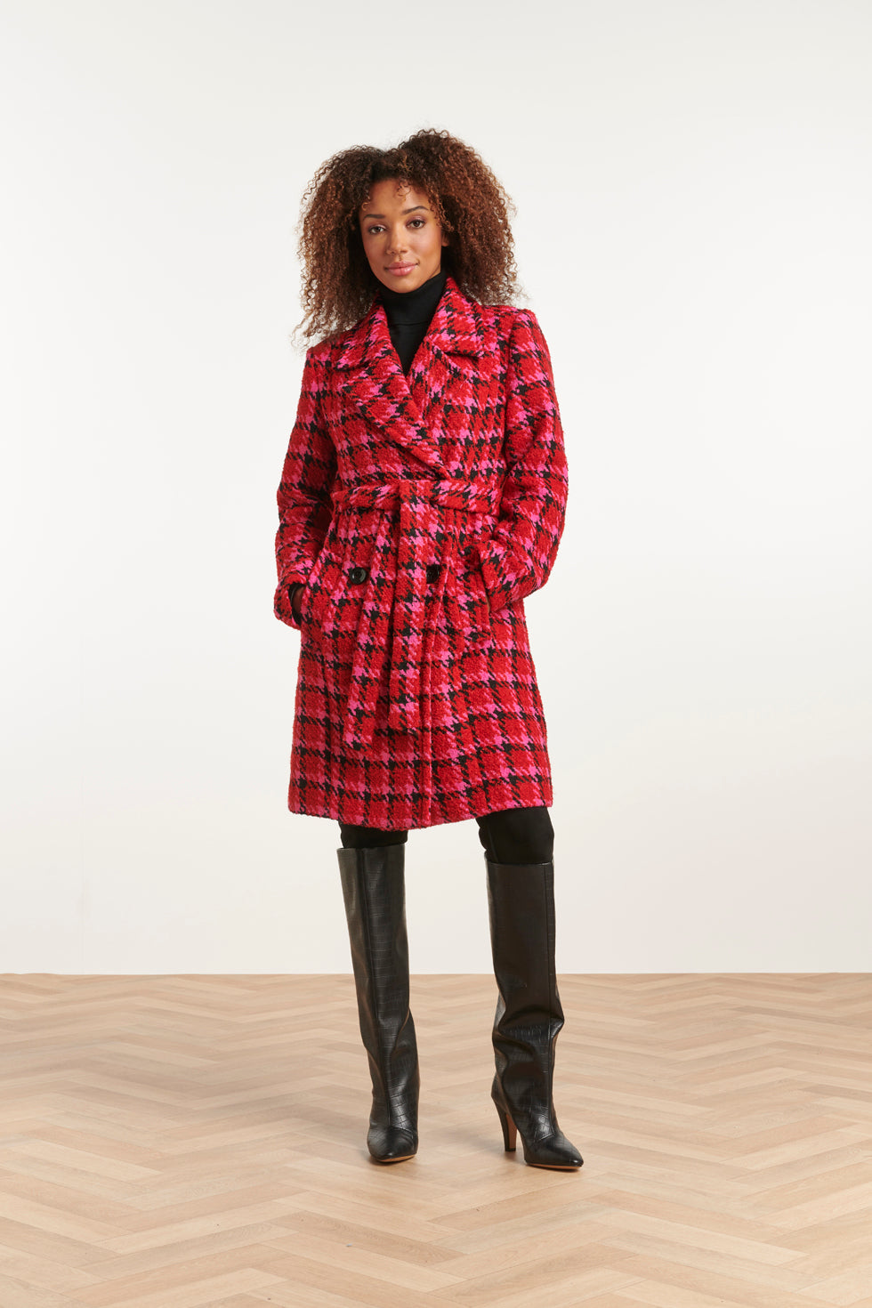 23627 Damesjas Met Pied-De-Poule Print | Red - Muticolour