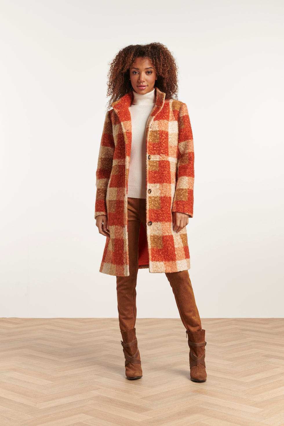 23630 Damesjas Met Ruit Print | Sand - Orange