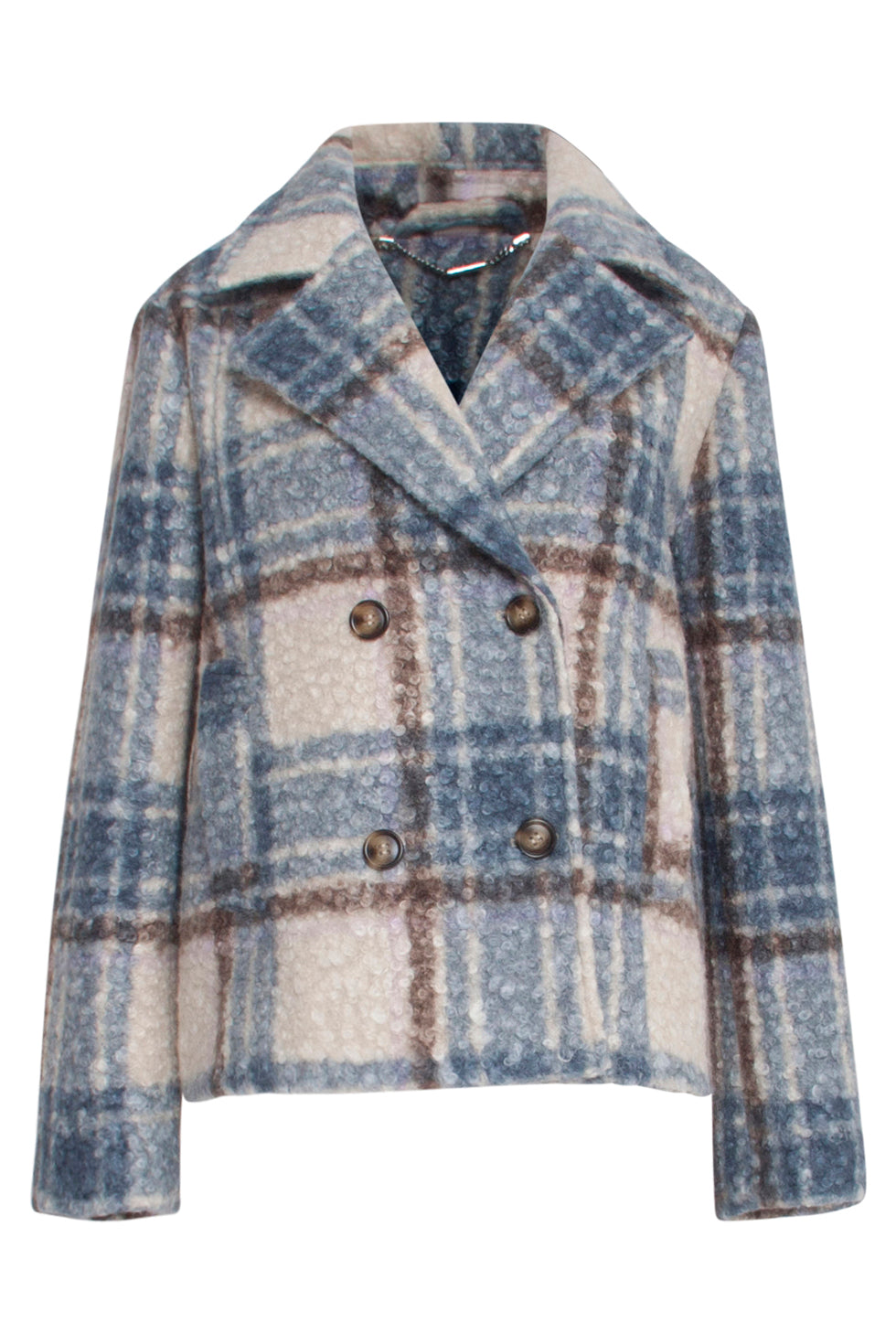 23637 Damesjas Kort Met Licht Geruit Print | White - Light Blue