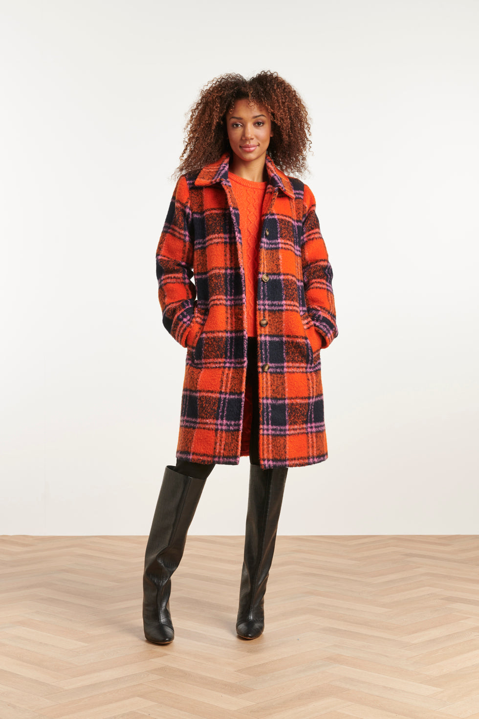23639 Dames Jas Met Multi Geruit Print | Orange - Muticolour