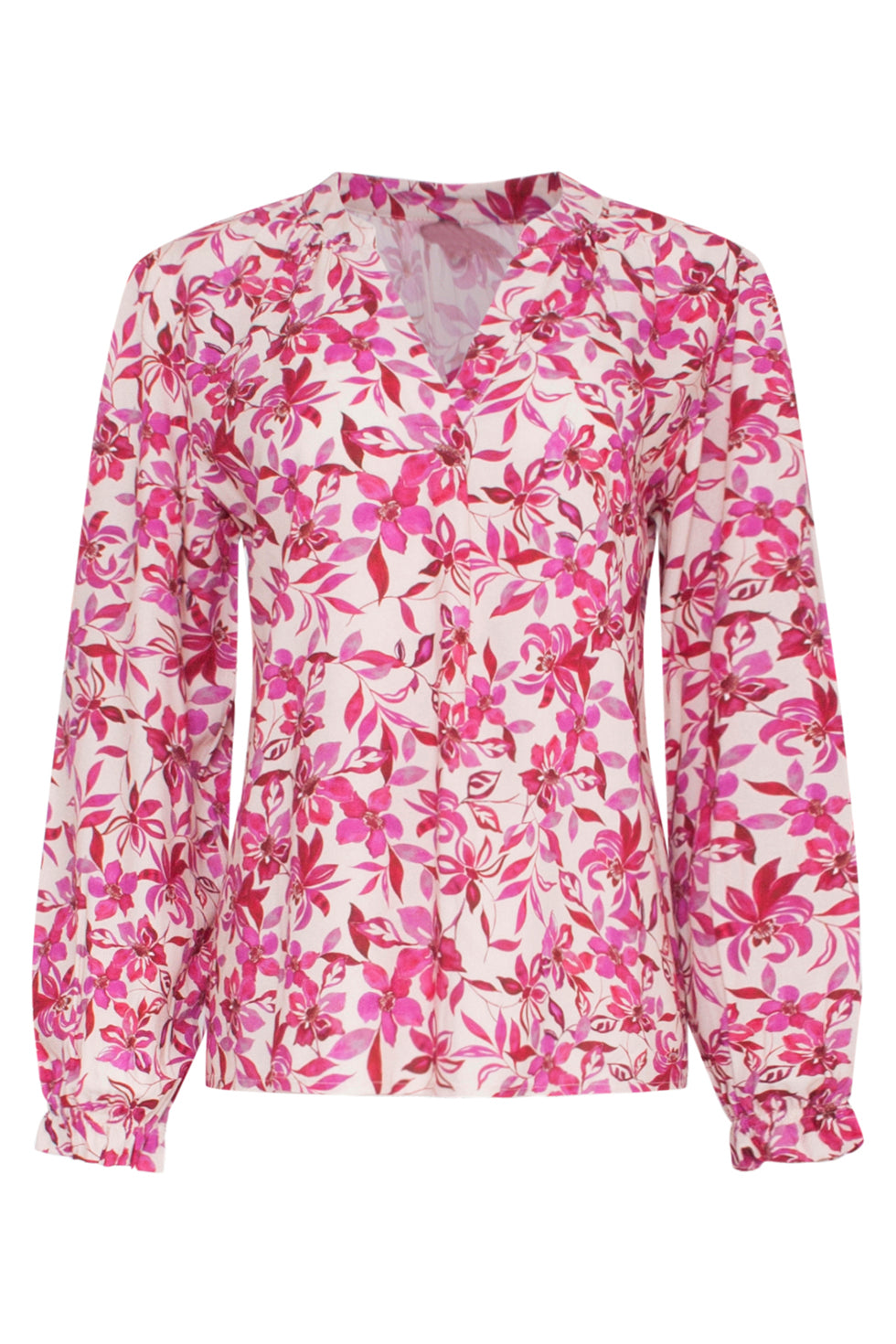 23645 Dames Top Met Fuchsia Bloemenprint | Off White - Fuchsia