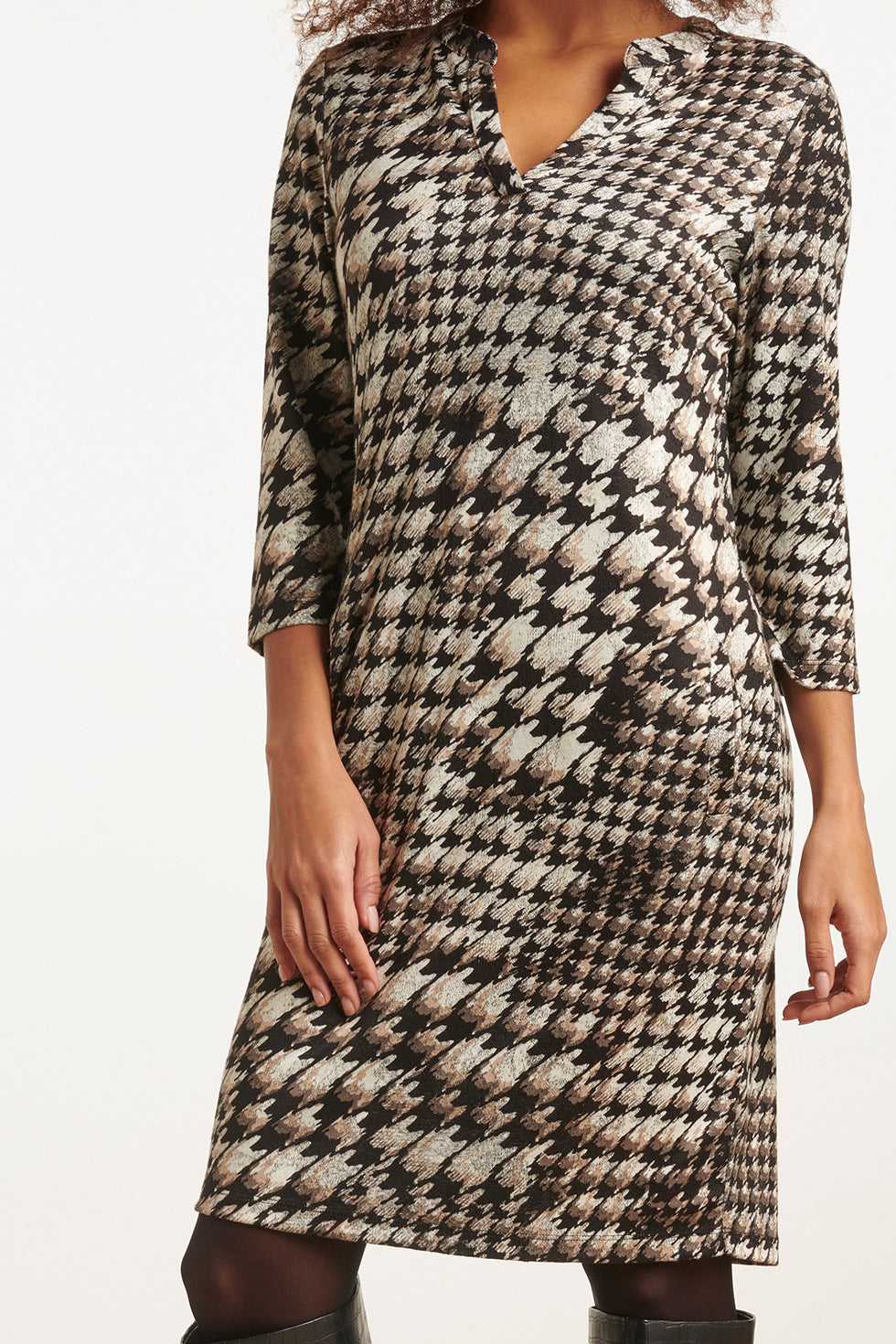 23646 Dames Stretch Jurk Met Pied-De-Poule Print | Black White