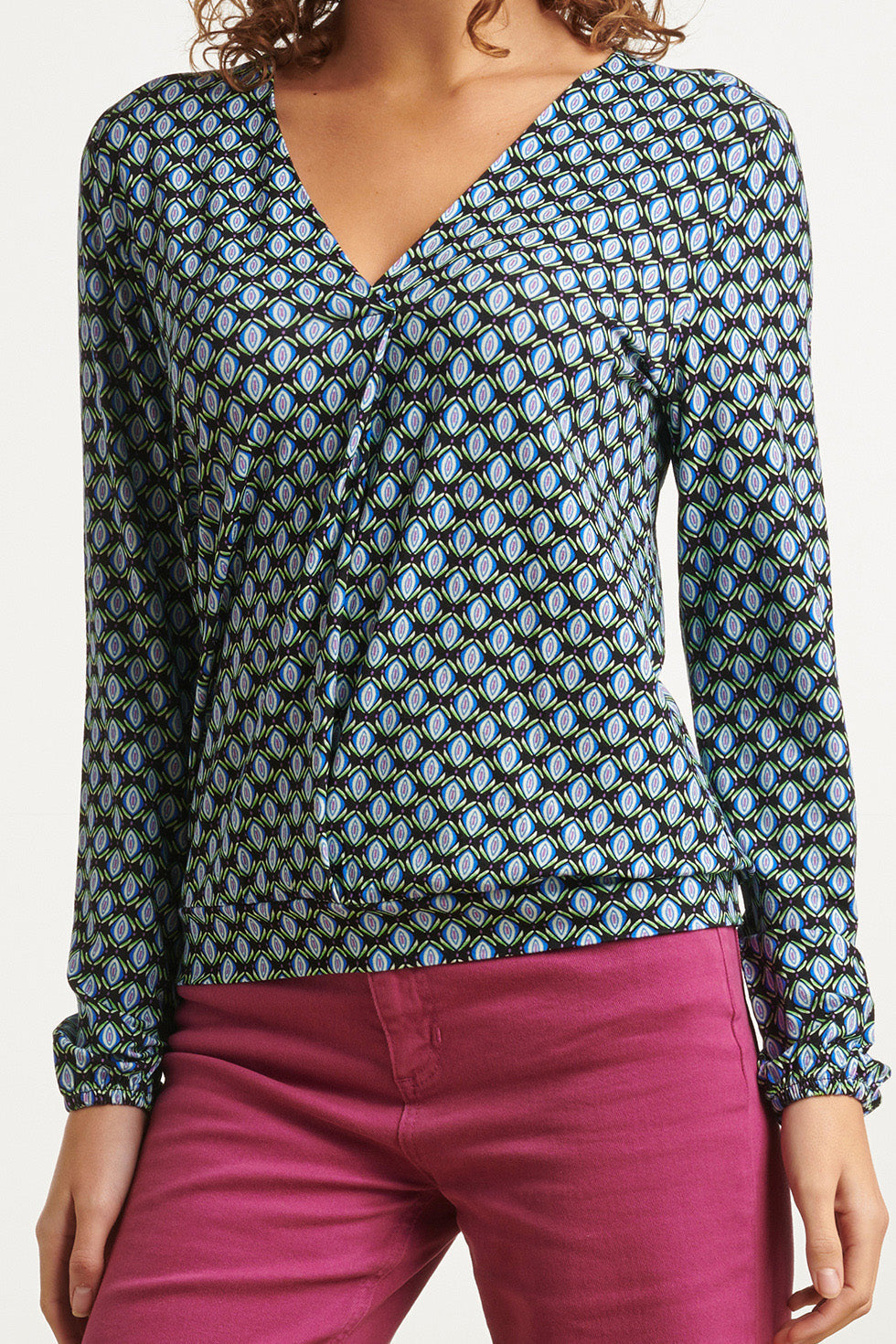 23650 Dames Top Met Geometrisch Retro Print | Black - Blue