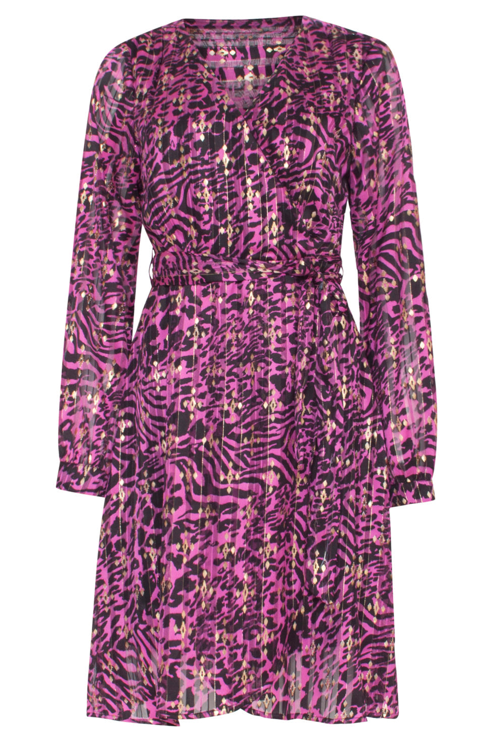 23665 Dames Chiffon Jurk Met Fuchsia Abstract Dieren Print | Pink-Black