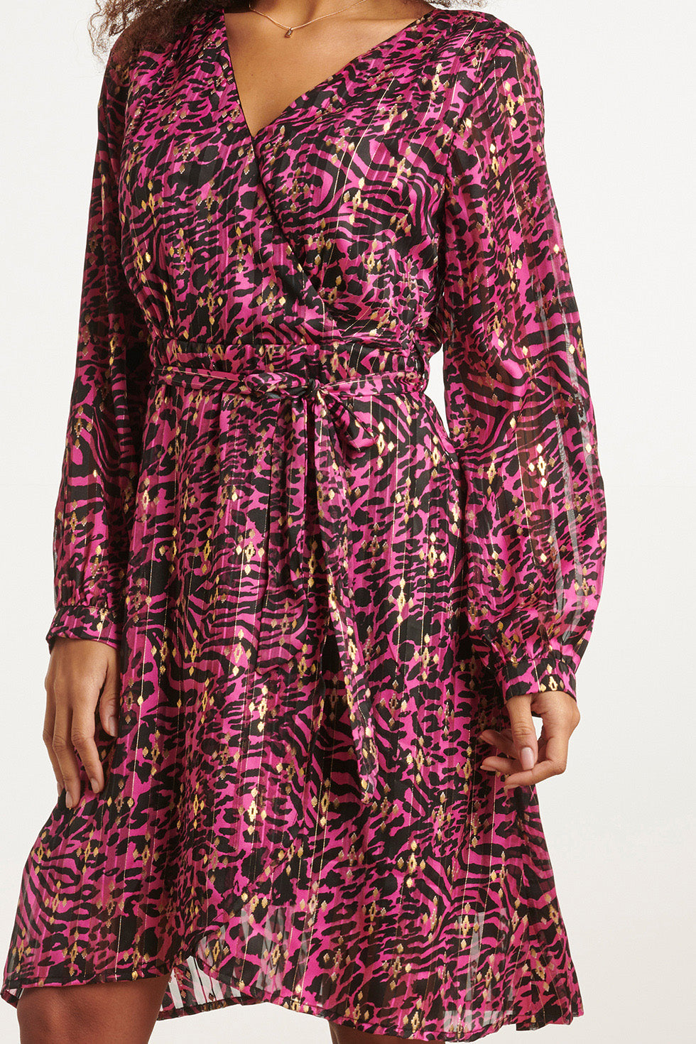 23665 Dames Chiffon Jurk Met Fuchsia Abstract Dieren Print | Pink-Black