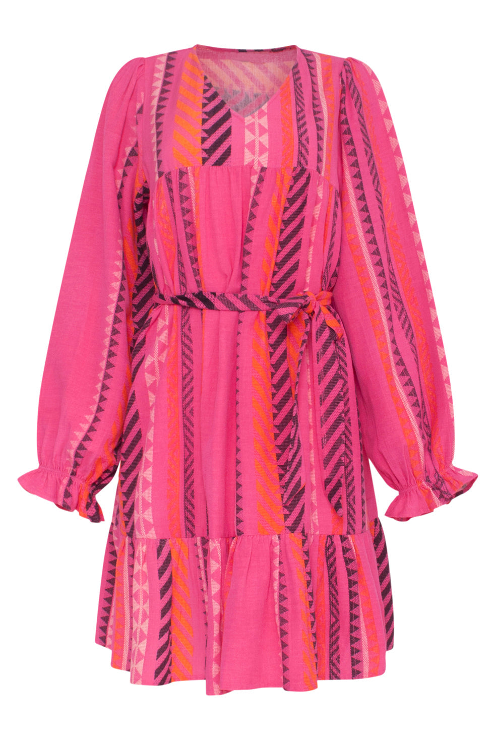 23668 Dames Fuchsia Jurk Met Aztec Allover Print | Fuchsia-Orange