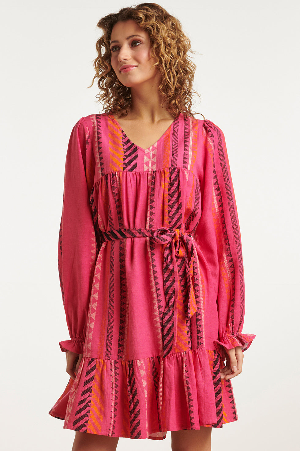 23668 Dames Fuchsia Jurk Met Aztec Allover Print | Fuchsia-Orange