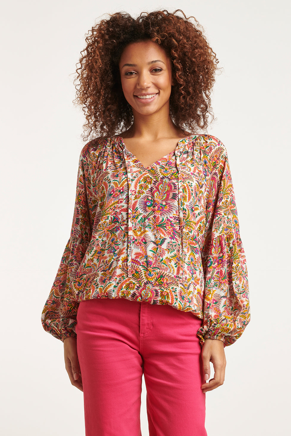 23669 Dames Top Met Multi Bloemen Botanische Print | Muticolour