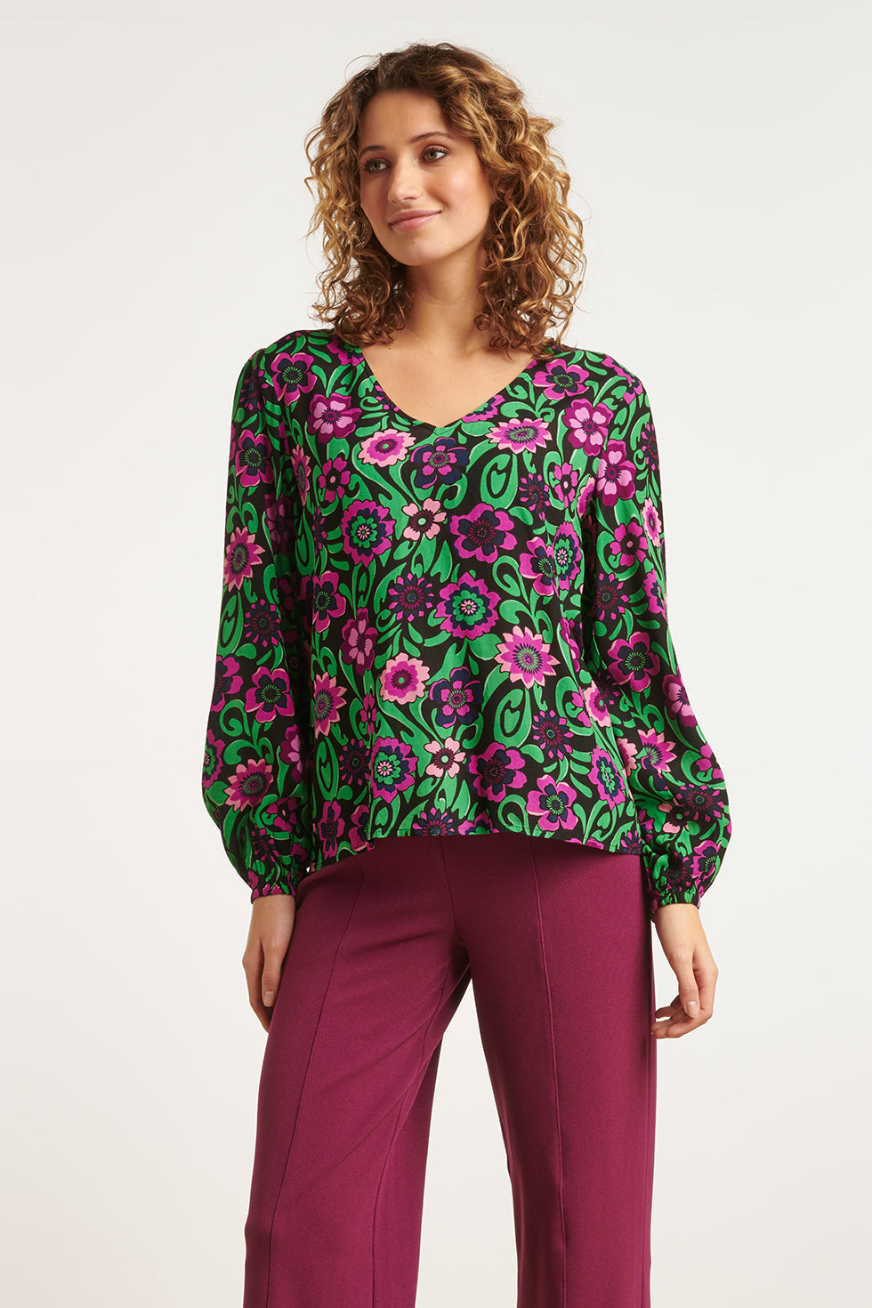 23671 Dames Top Met Bloemenprint Paarse | Black - Muticolour