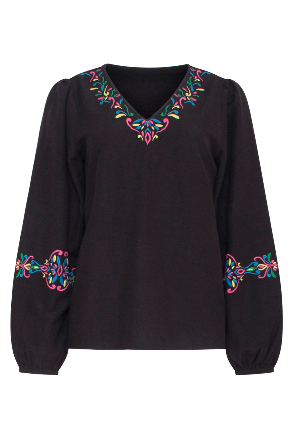23681 Dames Top Met Boho Borduursellange Pofmouwen | Blackwhite