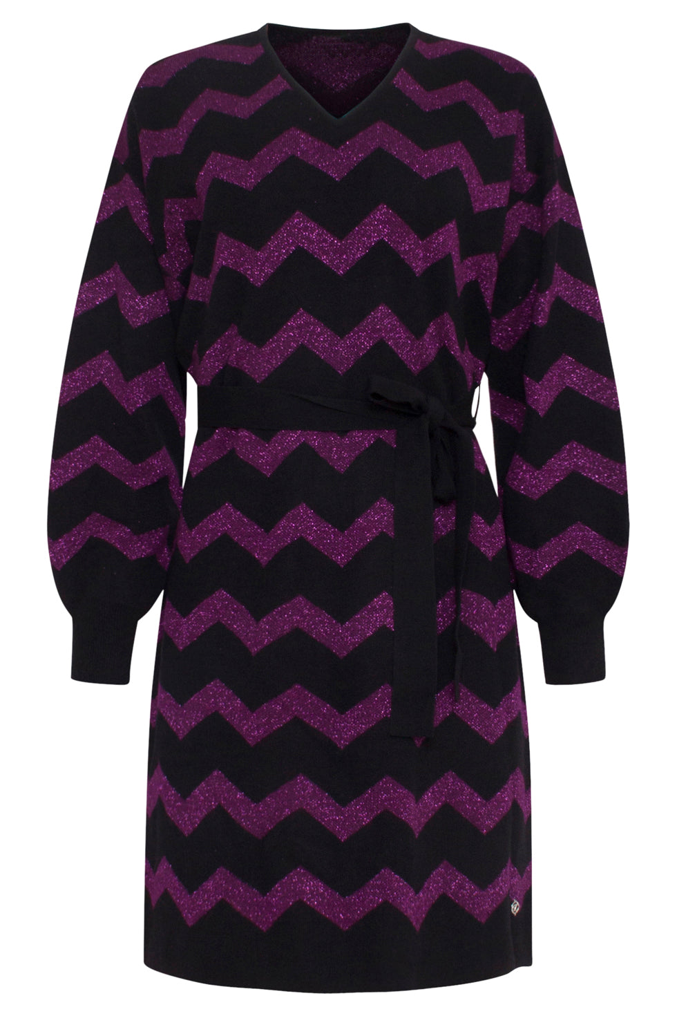 23701-999-380 Paarsee Zigzagprint Ronde Hals Jurk Met Ceintuur | Black - Purple