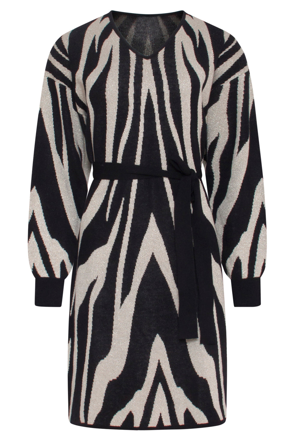23703-999-010 Zebra Print V-Hals Jurk | Black - Off White