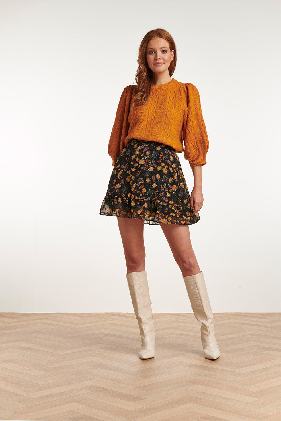 23709-999-240 Rok Met Bloemenprint-Mosterd | Black - Mustard