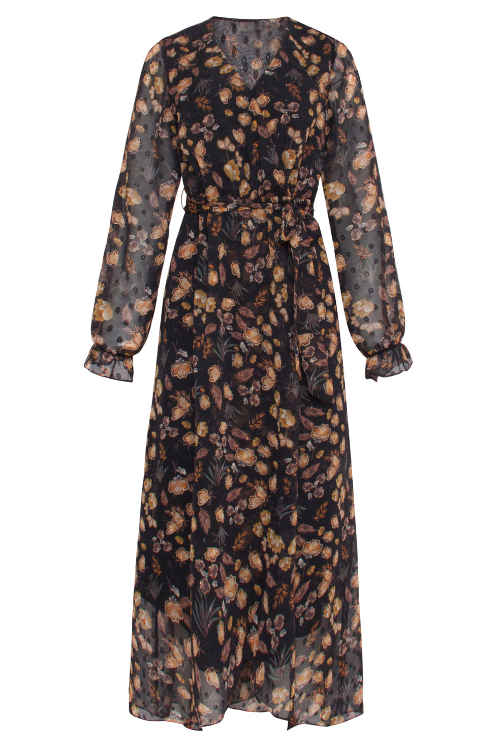 23710-999-240 V-Hals Jurk Met Bloemenprint-Mosterd | Black - Mustard