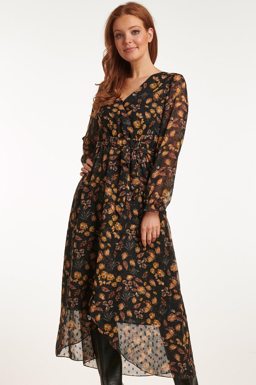 23710-999-240 V-Hals Jurk Met Bloemenprint-Mosterd | Black - Mustard