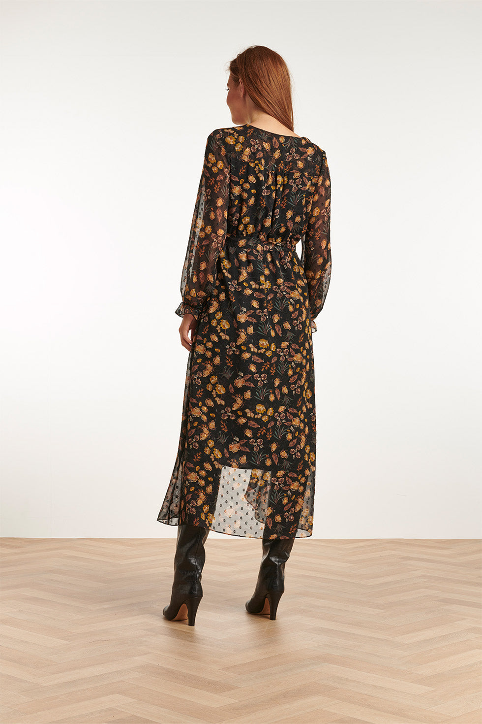 23710-999-240 V-Hals Jurk Met Bloemenprint-Mosterd | Black - Mustard