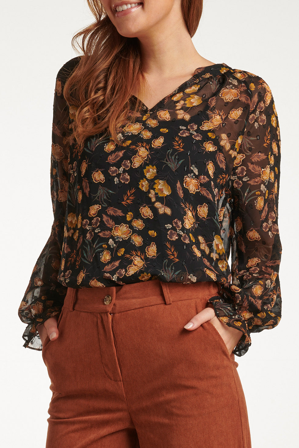 23711-999-240 V-Hals Top Met Bloemenprint-Mosterd | Black-Mustard