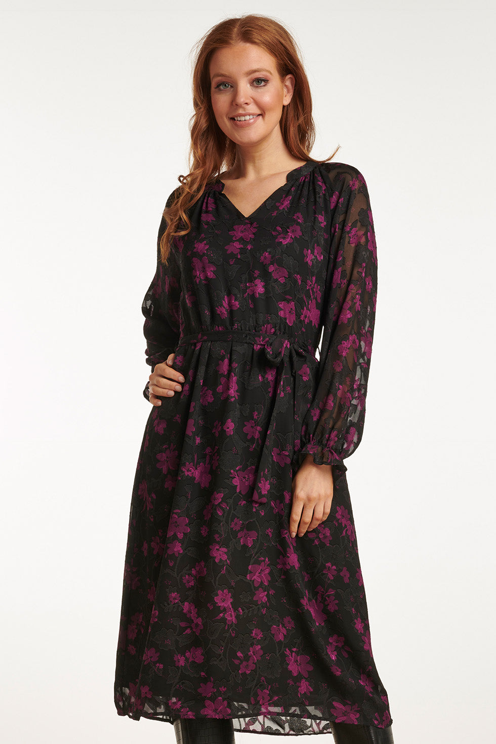 23714-999-380 V-Hals Jurk Met Bloemenprintpaars | Black-Purple