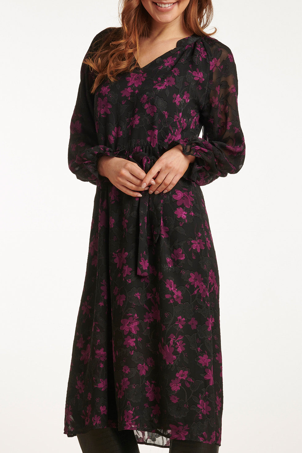 23714-999-380 V-Hals Jurk Met Bloemenprintpaars | Black-Purple