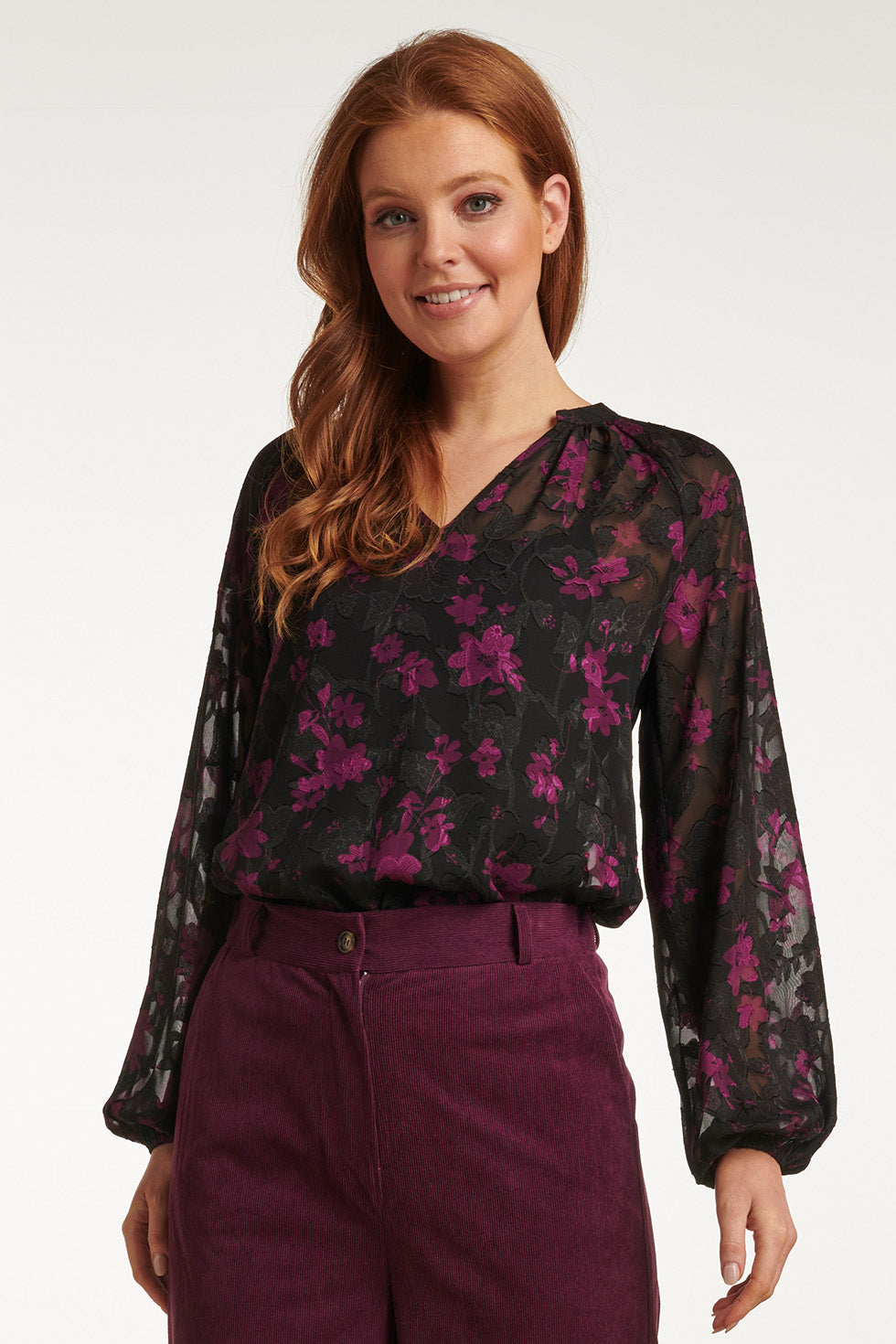 23715-999-380 V-Hals Top Met BloemenprintPaars | Black - Purple