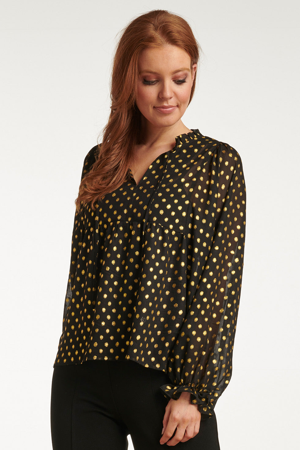 23727-999-025 V-Hals Top Met Stippenprint - 100% Polyester | Black - Gold
