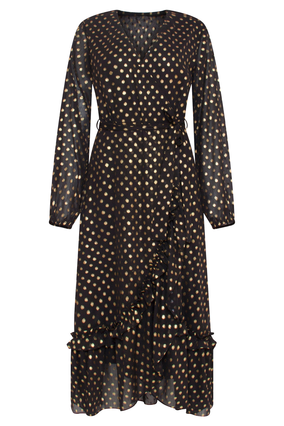 23728-999-025 V-Hals Jurk Met Stippenprint - 100% Polyester | Black-Gold