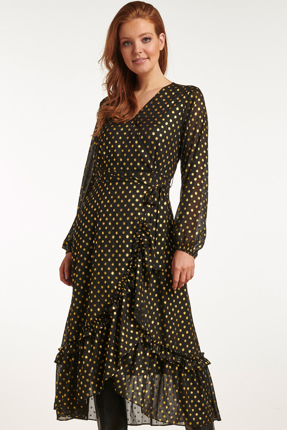23728-999-025 V-Hals Jurk Met Stippenprint - 100% Polyester | Black-Gold