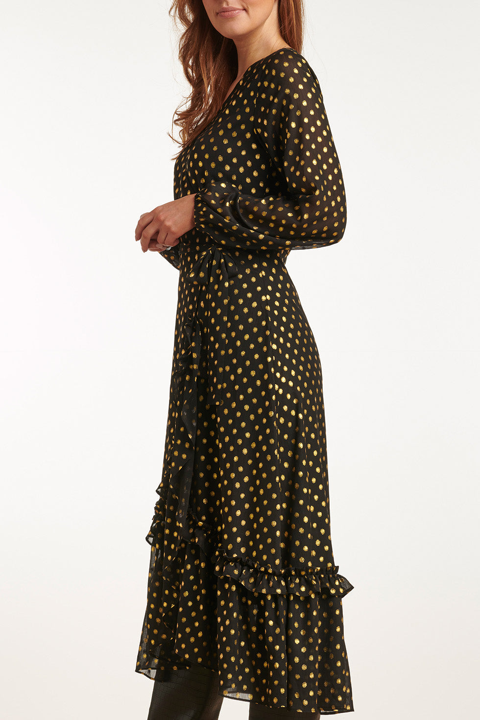 23728-999-025 V-Hals Jurk Met Stippenprint - 100% Polyester | Black-Gold
