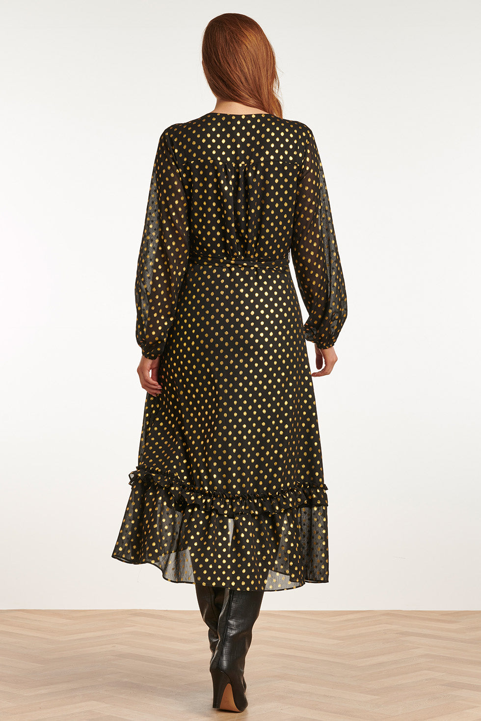 23728-999-025 V-Hals Jurk Met Stippenprint - 100% Polyester | Black-Gold