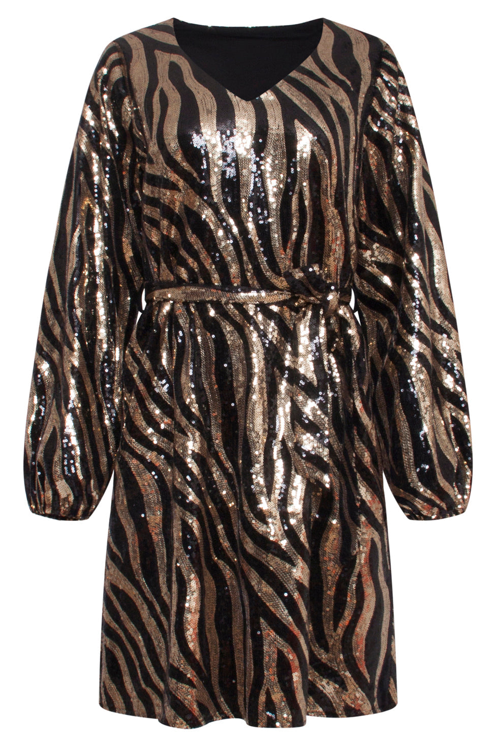 23729-999-025 V-Hals Jurk Met Glitter Zebra Print - 100% Polyester | Black - Gold