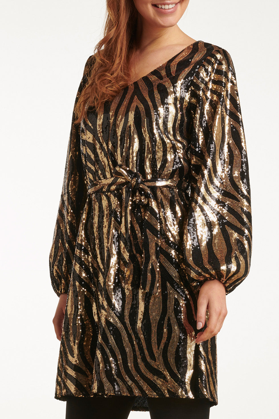 23729-999-025 V-Hals Jurk Met Glitter Zebra Print - 100% Polyester | Black - Gold