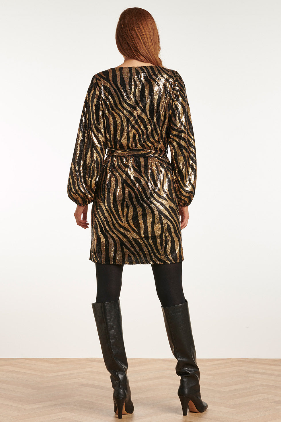 23729-999-025 V-Hals Jurk Met Glitter Zebra Print - 100% Polyester | Black - Gold