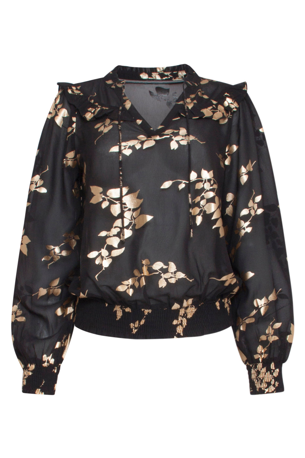 23763-999-025 e Bloemenprint V-Hals Top Voor Dames | Black - Gold