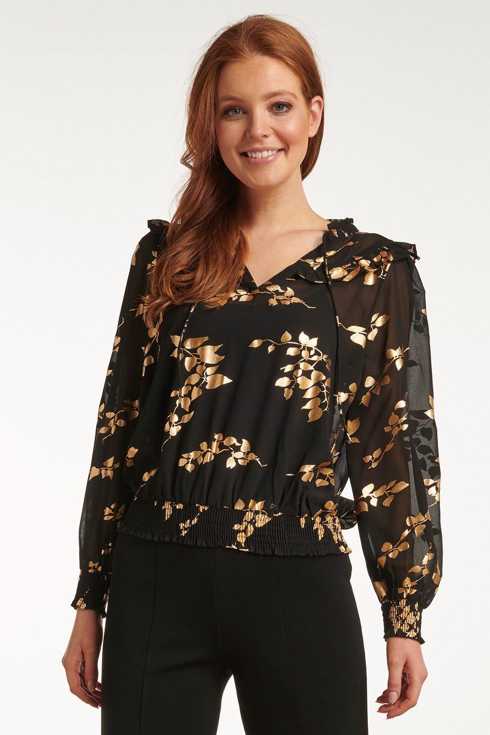 23763-999-025 e Bloemenprint V-Hals Top Voor Dames | Black - Gold